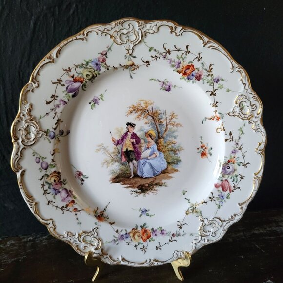 Antique Meissen Plate Courting Couple Romantic Scene Floral Design 8.75" - Picture 1 of 8
